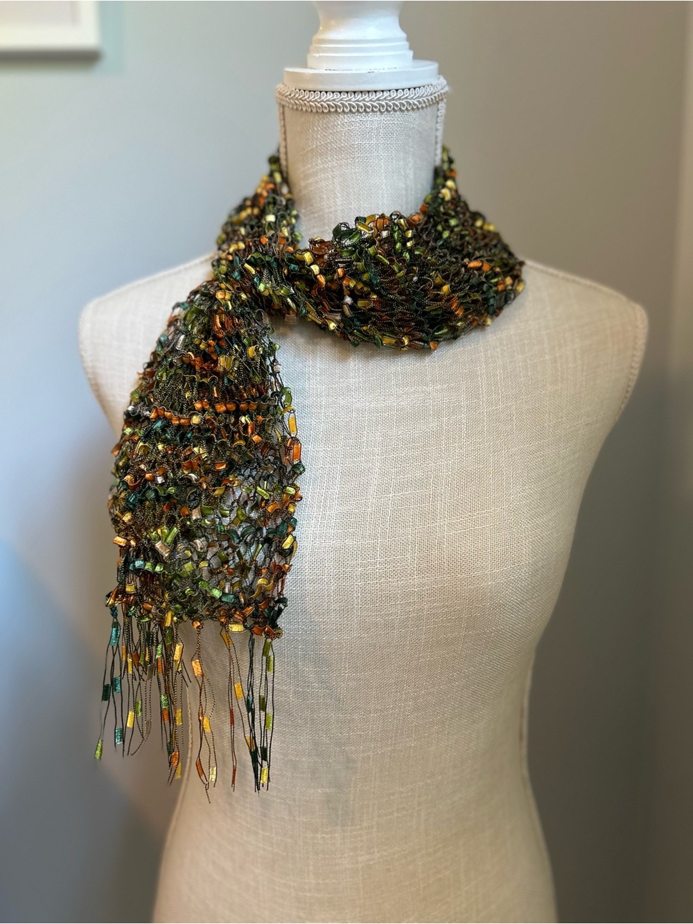 Handcrafted Multi Color Ladder Ribbon Knit Scarf - Picture 2 of 5